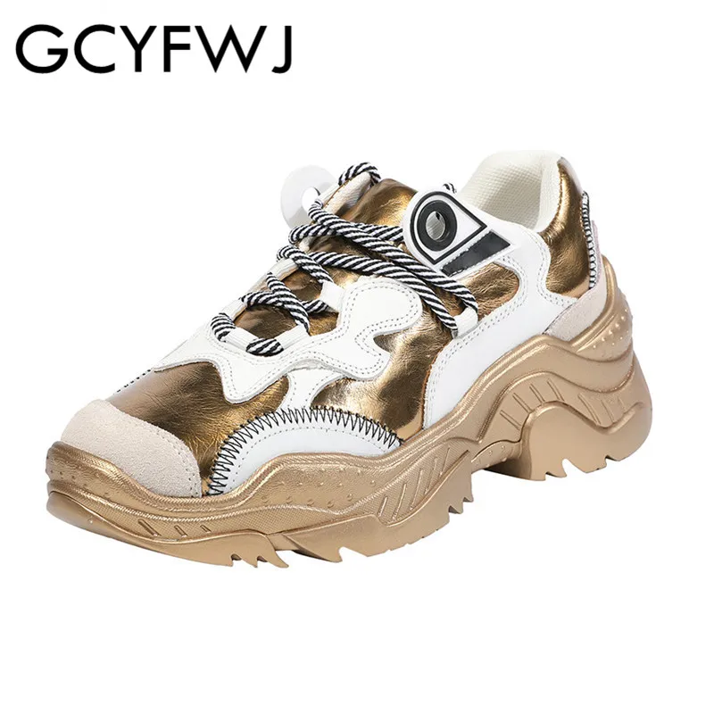

GCYFWJ Spring Mixed Color Cowhide Lace-Up Sneakers Thick bottom Wear Resistant Gold Women's Shoes Round Toe Female Dad Shoes New