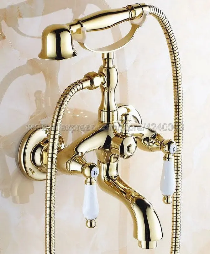 Gold Polished Brass Bathtub Mixer Faucet Dual Handle Telephone