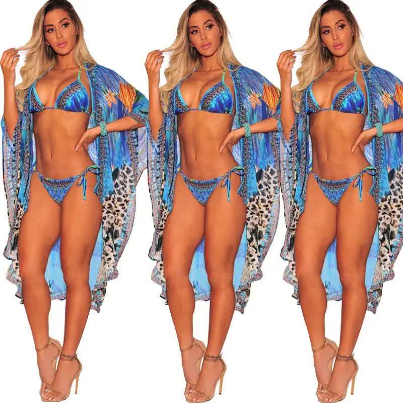 

3Pcs Women Floral Bikini Set Swimwear Cover Up Long Beach Dress Beachwear