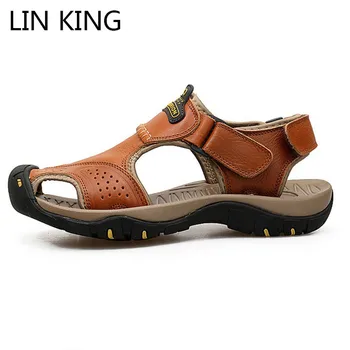 

LIN KING New Big Size Leisure Men Genuine Leather Sandals Breathable Man Beach Sandals Protective Toe Cap Summer Outdoor Shoes