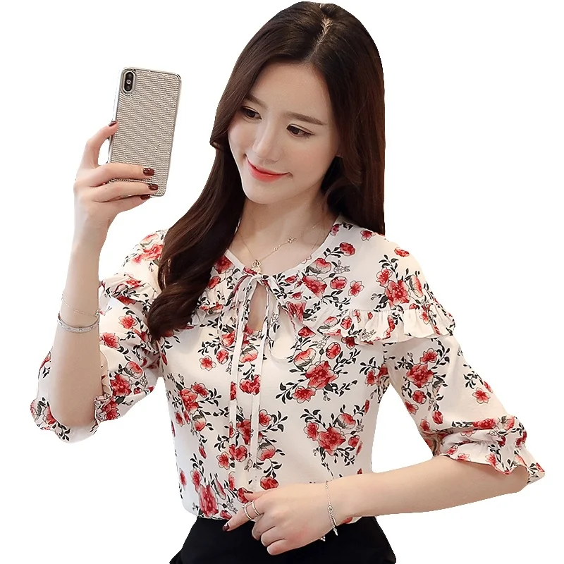

Women's Shirt Summer Short Sleeve Shirt Top Fashion Floral Shirts Ruffle Chiffon Blouse Shirts Women 2019