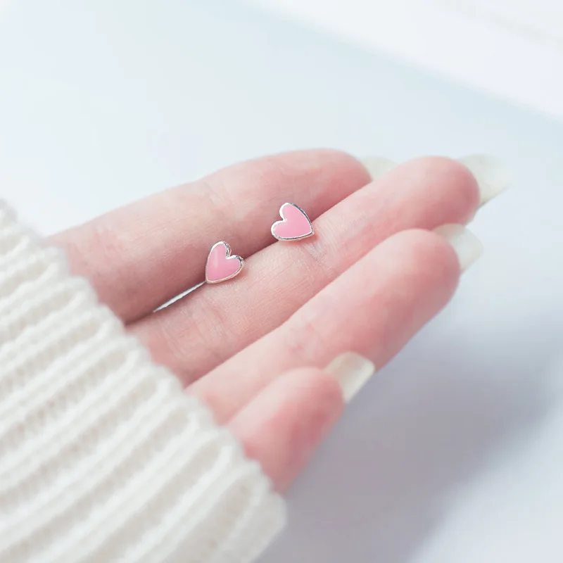 

Cute 7mm*6mm 100% Real. 925 Sterling Silver jewelry Pink Enamel Heart Shape Love Stud Earrings Jewelry GTLE1627