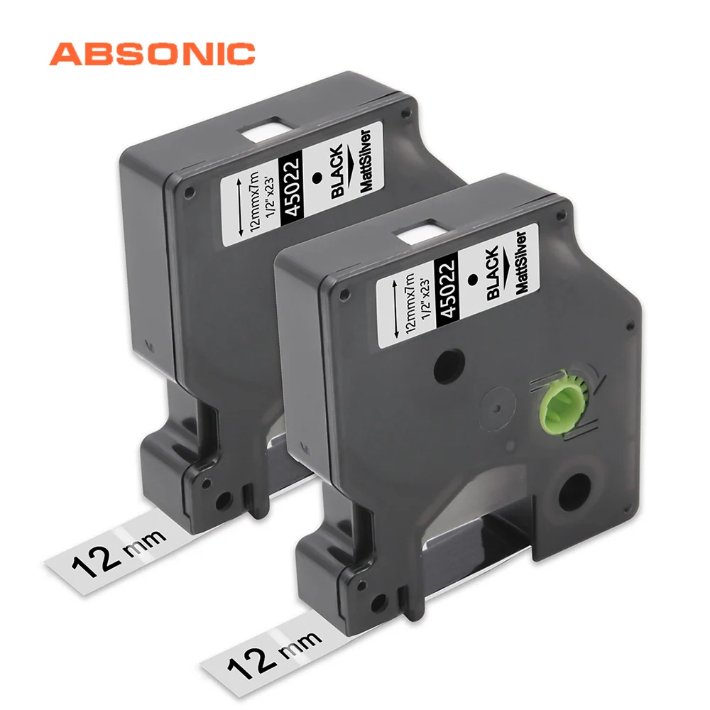 Absonic 2pcs Dymo D1 45022 Labels Tapes Black on Silver 12mm Compatible