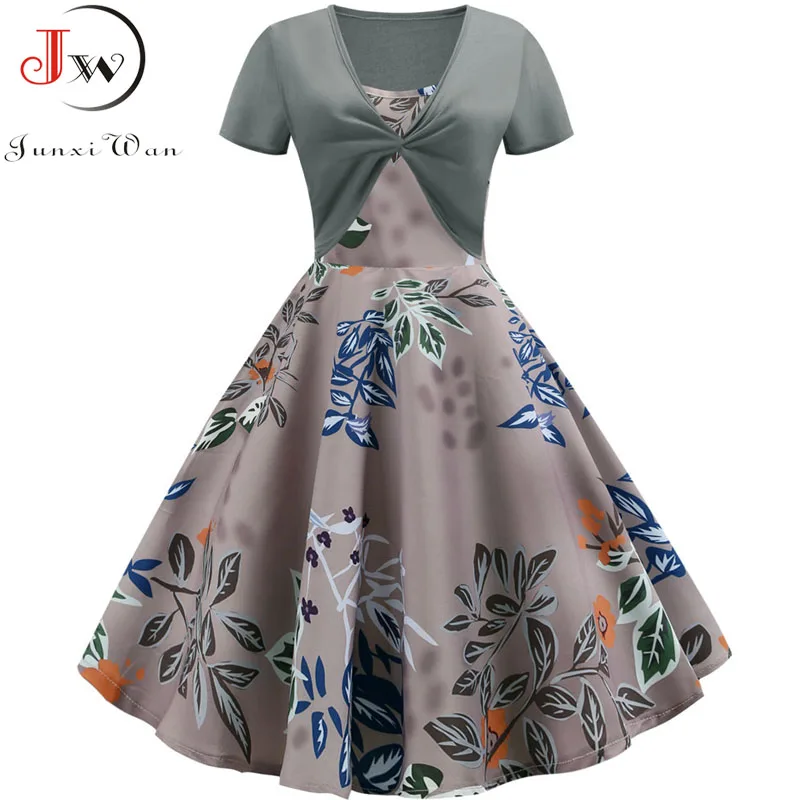 

2019 Summer Dress Women Robe Femme two piece set Short Sleeve 50s 60s Vintage Elegant Rockabilly Floral Party Dresses Plus Size