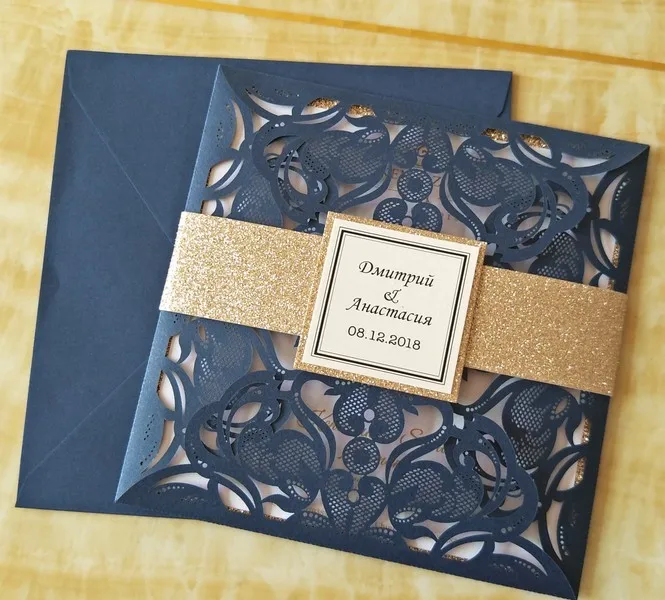Luxurious Glitter Gold wedding invitation with Tag Elegant Laser Cut Evening Dinner Invites Glittered Envelope | Дом и сад