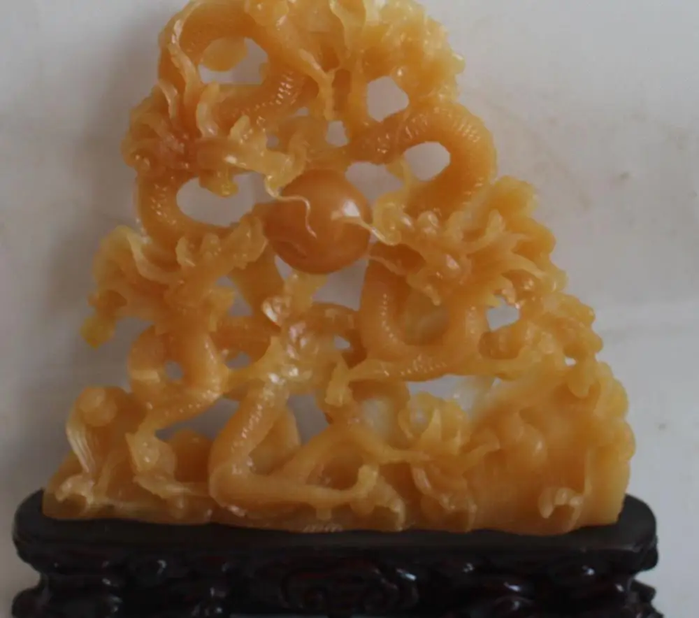

13" Chinese Natural Yellow Jade Carved Auspicious Three Dragon Play Bead Statue