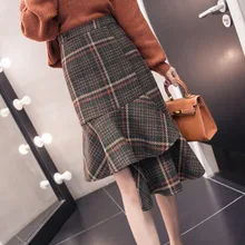 Wjomen клетчатые юбки женская зимняя Высокая талия в нерегулярной длинной ткани Офисная женская Юбка До Колена Женская Империя