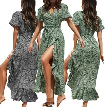 

Fashion Women Summer Boho Floral Ruffles Short Sleeve High-waist Split Bandage Maxi Print Dress Ladies Holiday Beach Dress S-XXL