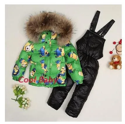 Best price at $110 Cheap 2015 new winter Russia girls boys Character down clothing sets windproof fur jacket overalls kids thermal ski suit 4 colors