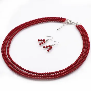 

4mm Artificial Coral Stone Round Beads Necklace Earrings Jewelry Set for Women Fashion Statement Chain Choker Red Sets A598