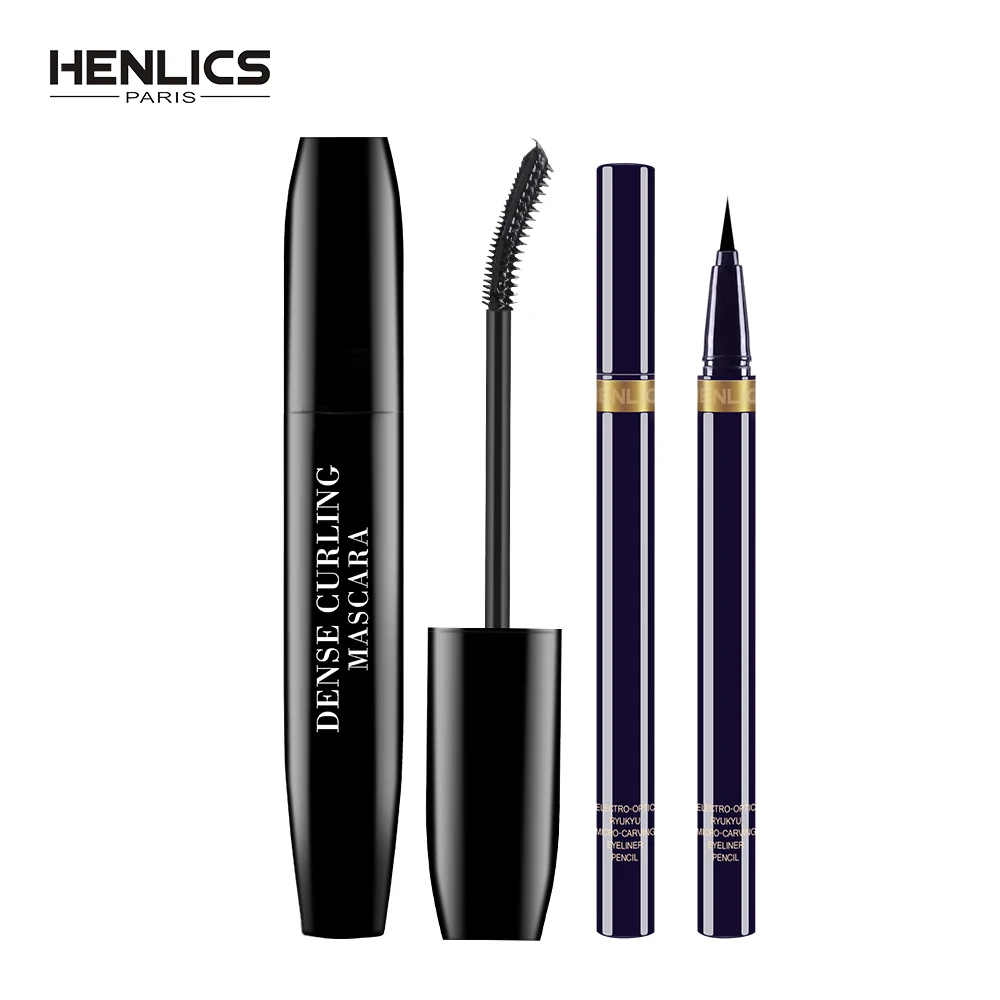 Koop HENLICS 2 stks set Eye Make Up Set langdurige Waterdichte Vloeibare Eyeliner Pen + Krullend Eye Mascara