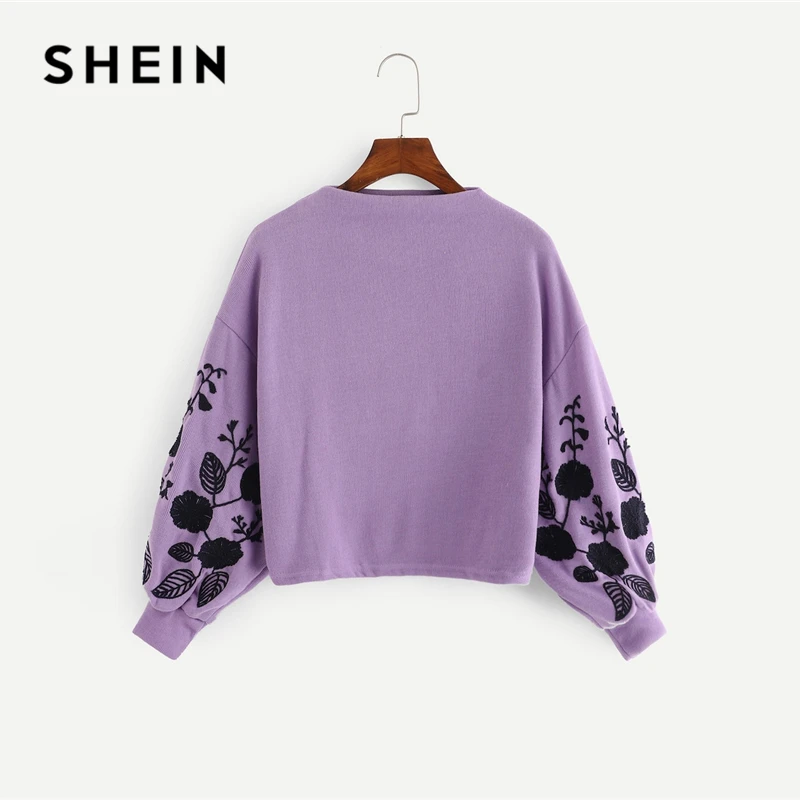  SHEIN Ginger Preppy Elegant Floral Embroidered Cowl Neck Bishop Sleeve Sweatshirt 2018 Autumn Casua