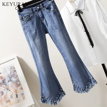 

Beading Tassel Women Flare Pants Vintage Fashion Ankle-Length Jeans 2020 Spring Auttum New Female Bottom Plus Size L2937