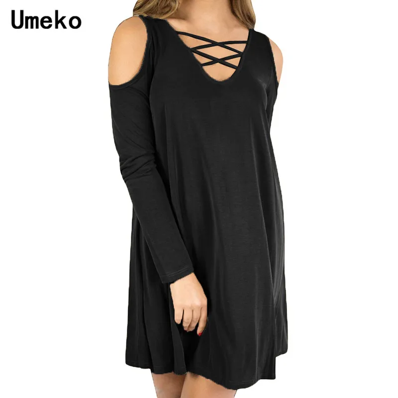 

Umeko Dress Women Long Sleeve Casual Short Dress V Neck Bandage Shirt Dress Loose Off Shoulder vestido