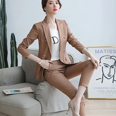 Women Pant Suit Two Pieces Set Size S-5XL Pink Brown Plaid Jacket Blazer With Plaid Trouser Sets Casual Fashion Suits - Цвет: Brown Pant Suit
