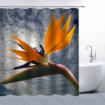 

Flower Bud Shower Curtain Set Blue Sky White Cloud Beautiful Orange Flower Bud Waterproof Polyester Bath Curtain Floor Mat