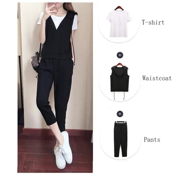

Women Set Large Size White T-shirt Pants Waistcoat Three Sets