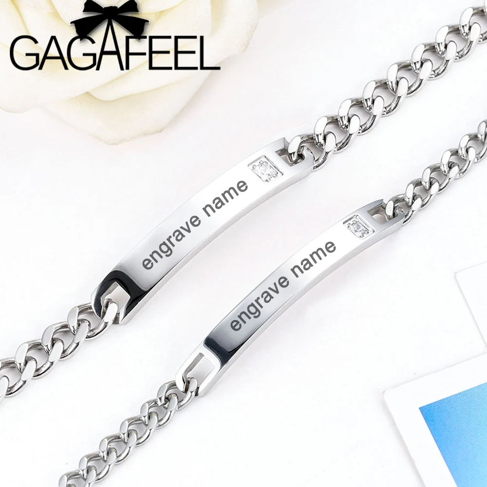 

GAGAFEEL DIY Engrave Name Stainless Steel Bracelets For Women Men Customized Bracelet Inset Zircon Stone Lover Couple Bracelet