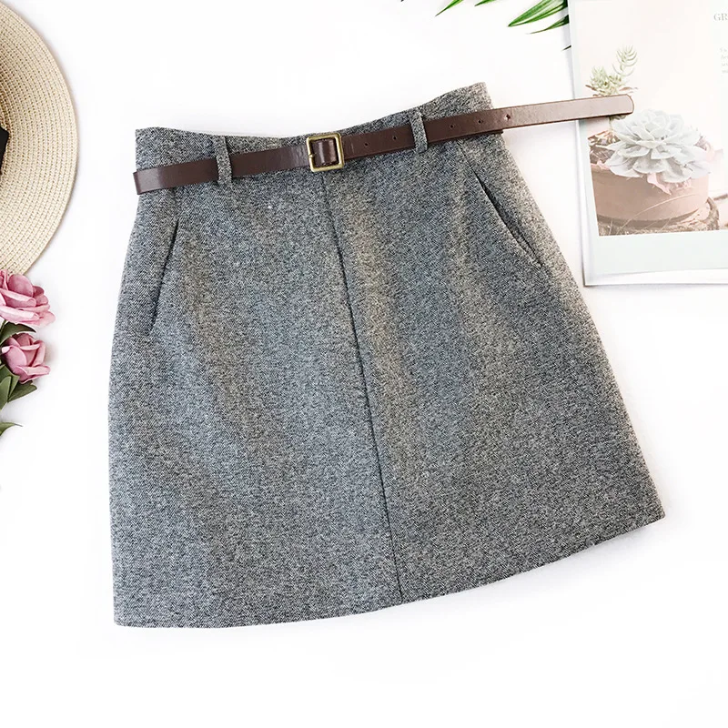 Kaufen 2019 frühjahr Neue Ankunft Vintage Temperament Hohe Taille A line Büro Röcke Frauen Mit Gürtel Woolen Mini Rock Freies Verschiffen