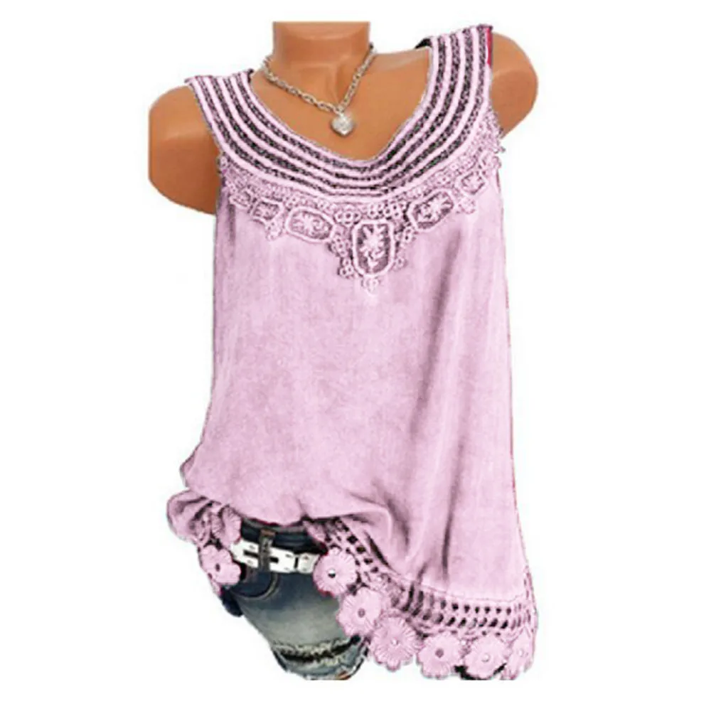 

Women Sleeveless Pure color Lace Vest Plus Size Tops Loose T-Shirt tee shirt femme Tee Shirt Tops Femme Tops For Women Summer