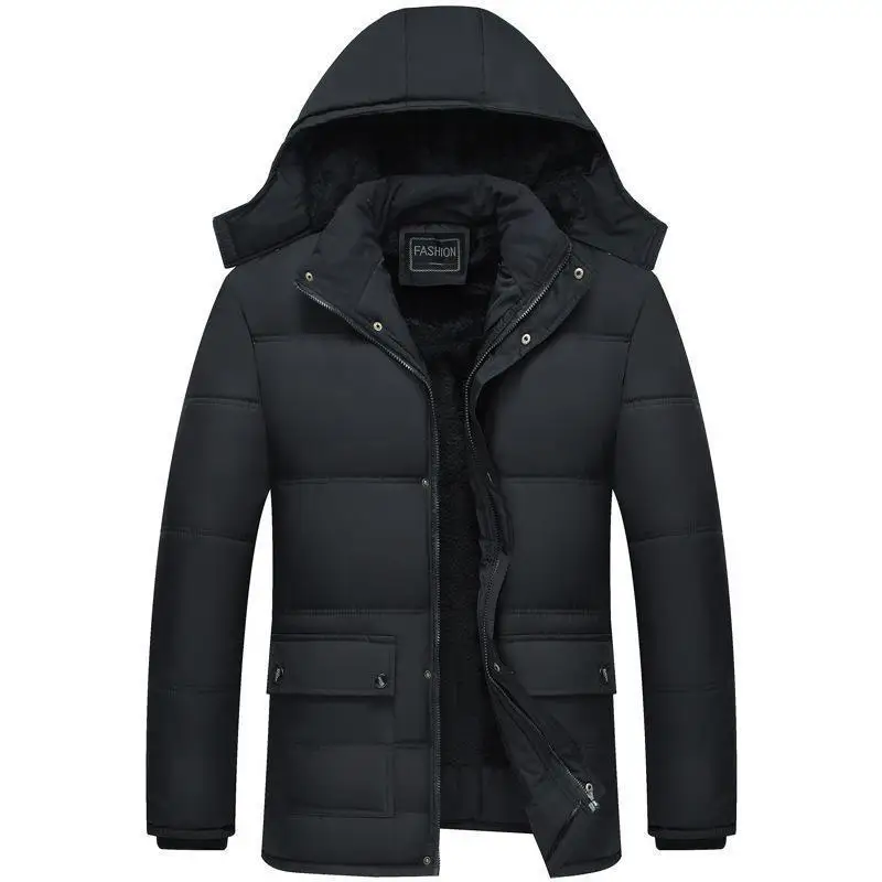 

Winter Keep Warm Xl-5xl Men Hooded Black Cotton Jacket Pocket Zipper Detachable Cap Long Sleevemedium And Long Section Coat