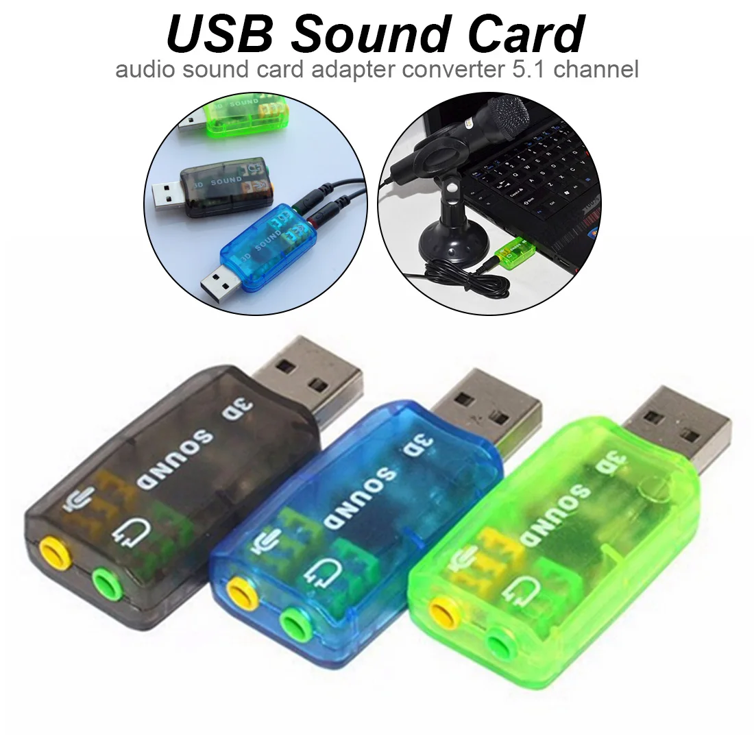 External USB Sound Card 5.1 Channel w/3.5mm Headphone and Microphone