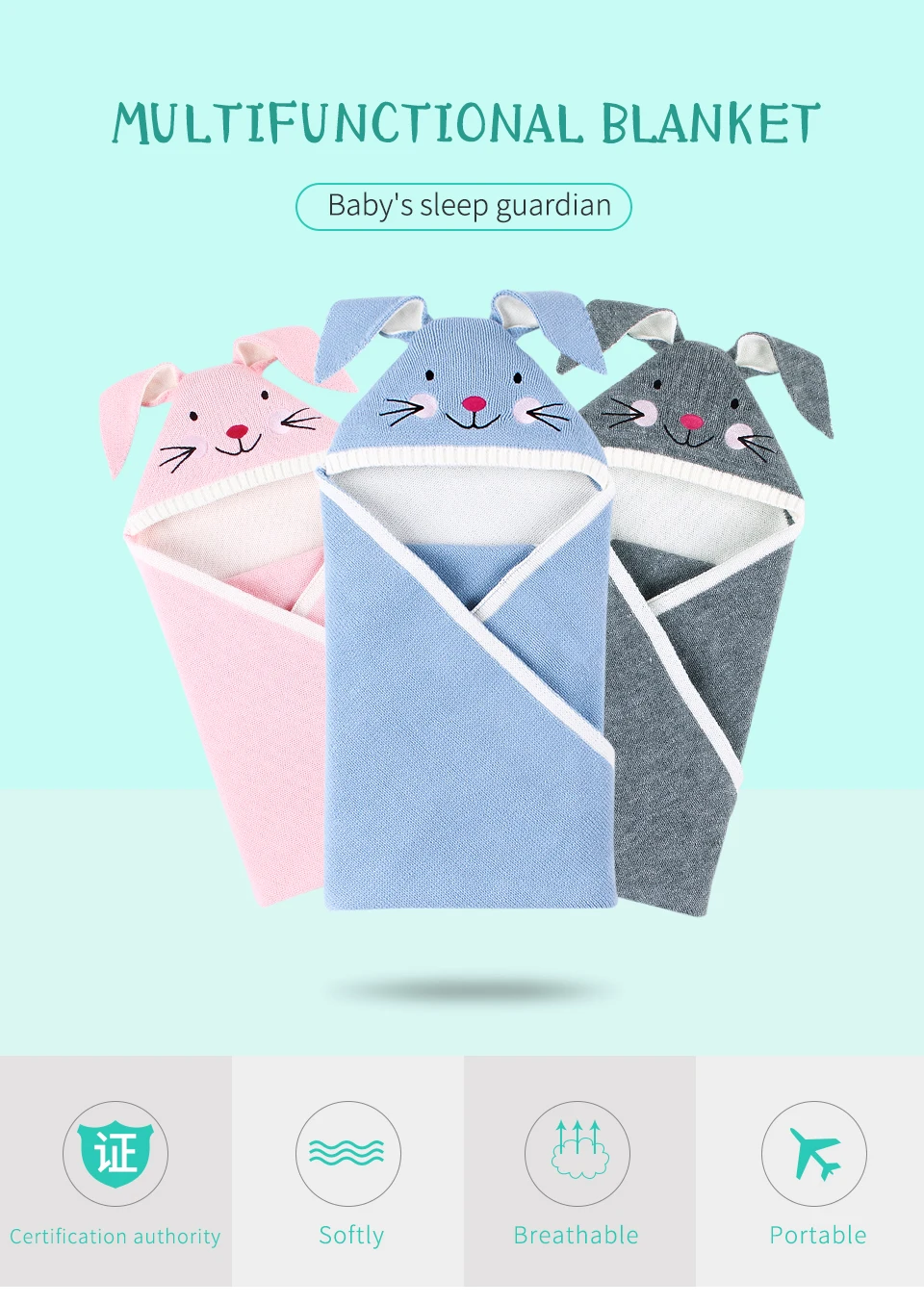 Вязаное одеяло с кроликом и кроликом; милый спальный мешок для малышей; Manta Bebes; детская коляска; накидка с капюшоном для новорожденных; накидка для пеленания