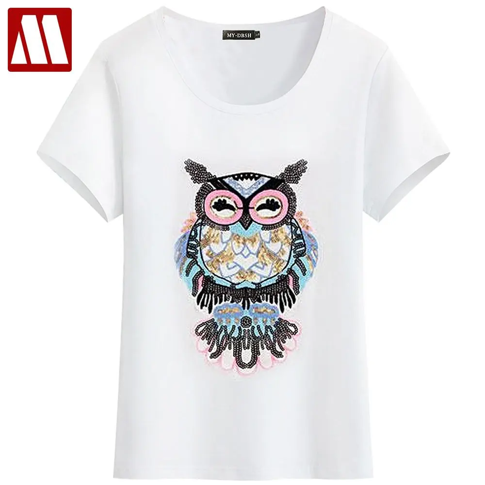 

2019 Summer T Shirt Women Owl Hand-Beaded Sequins Dimensional Pattern Camisetas Mujer Plus Size S-4XL T-Shirt Women Cotton Tees