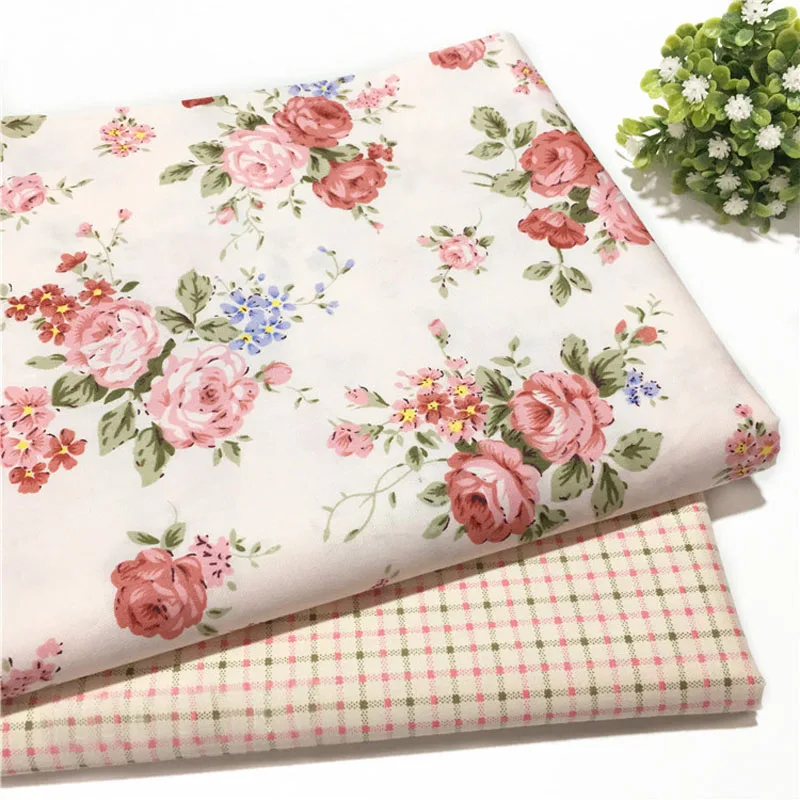 

Pretty Pink Blooming Rose Flower & Pink Green Check Printed Pure Trill Floral Cotton Fabric For DIY Sewing Cloth Bedding Quiltin