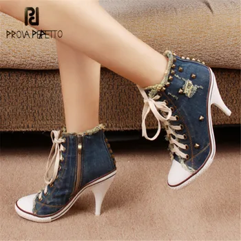 

Prova Perfetto Women Denim Boots High Heel Botas Mujer Women Platform Pumps Feamle Lace Up Rubber Shoes Woman Stiletto