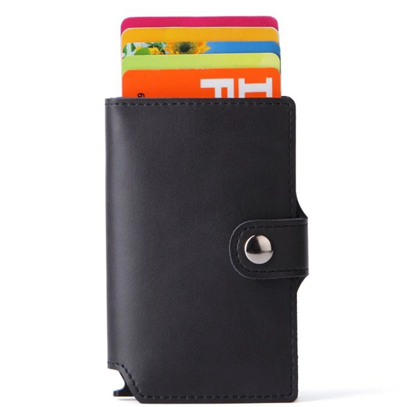 

2019 RFID Blocking Genuine Leather Credit Card Holder Aluminum Metal Business ID Cardholder Slim Card Case Mini Wallet for Men