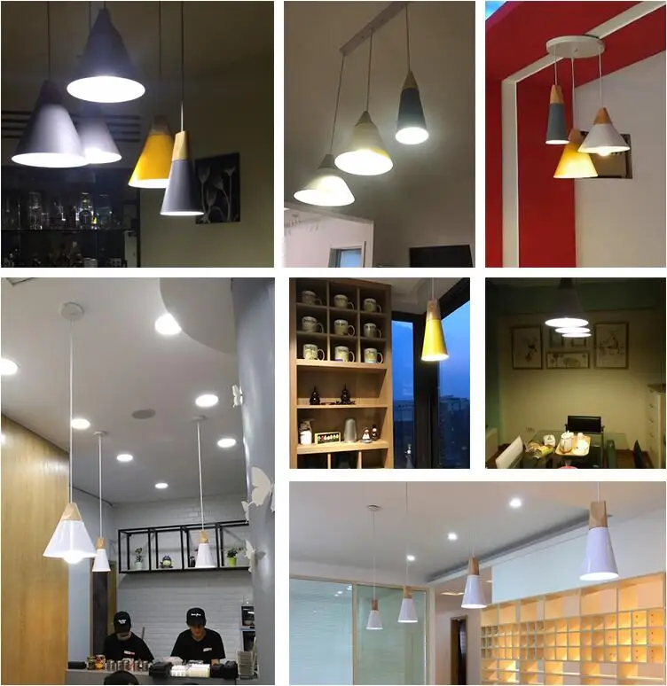 Pingente de Madeira Sombra de Alumínio da Lâmpada Pendente para Sala de Jantar Moderno Luzes Lâmpadas Lamparas Colorido Luminária - Restaurante Bar Café 4 Cheap Luzes de pendentes
