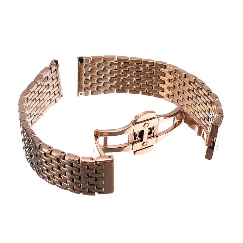 20 22mm Stainless Steel Wrist Watch Band Strap Silver Rose Gold Double Butterfly Clasp Buckle Bracelet For Men Women Relojes