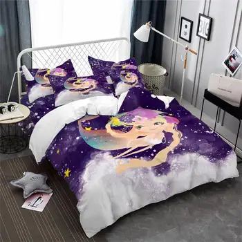 

Cartoon Mermaid Bedding Set Girls Colorful Flowers Duvet Cover Set Ocean Wave Print Bed Cover Dreamlike Bedclothes Pillowcase