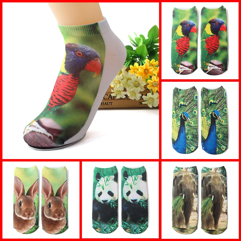 Забавные Женские носочки с 3D принтом, носки в европейском и американском стиле, модные носки со слоном, пандой, птицей, попугаем, Кроликом, жирафом, павлином