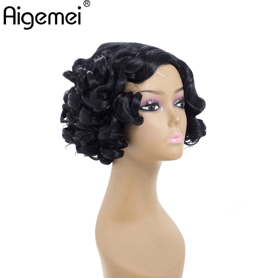 

Aigemei Wigs Short Loose Deep Wave Heat Resistant Synthetic Wigs for Woman Machine Made Short Wigs 10 Inch 185g Natural Black