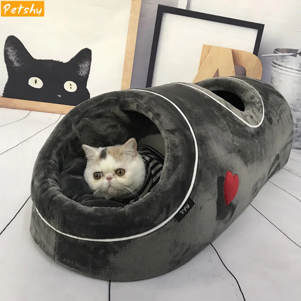 Petshy кошки кровати дом Забавный Pet туннель для кошек 2 отверстия играть трубы мягкая теплая маленькая собака кровать коралловый флис удобный питомца щенка гнездо