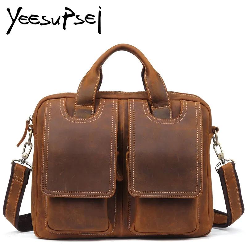 

YeeSupSei Men Real Crazy Horse Leather Travel Bag Top Handle Messenger Bag Retro Large Capacity Vintage Bag Fashion Shoulder Bag
