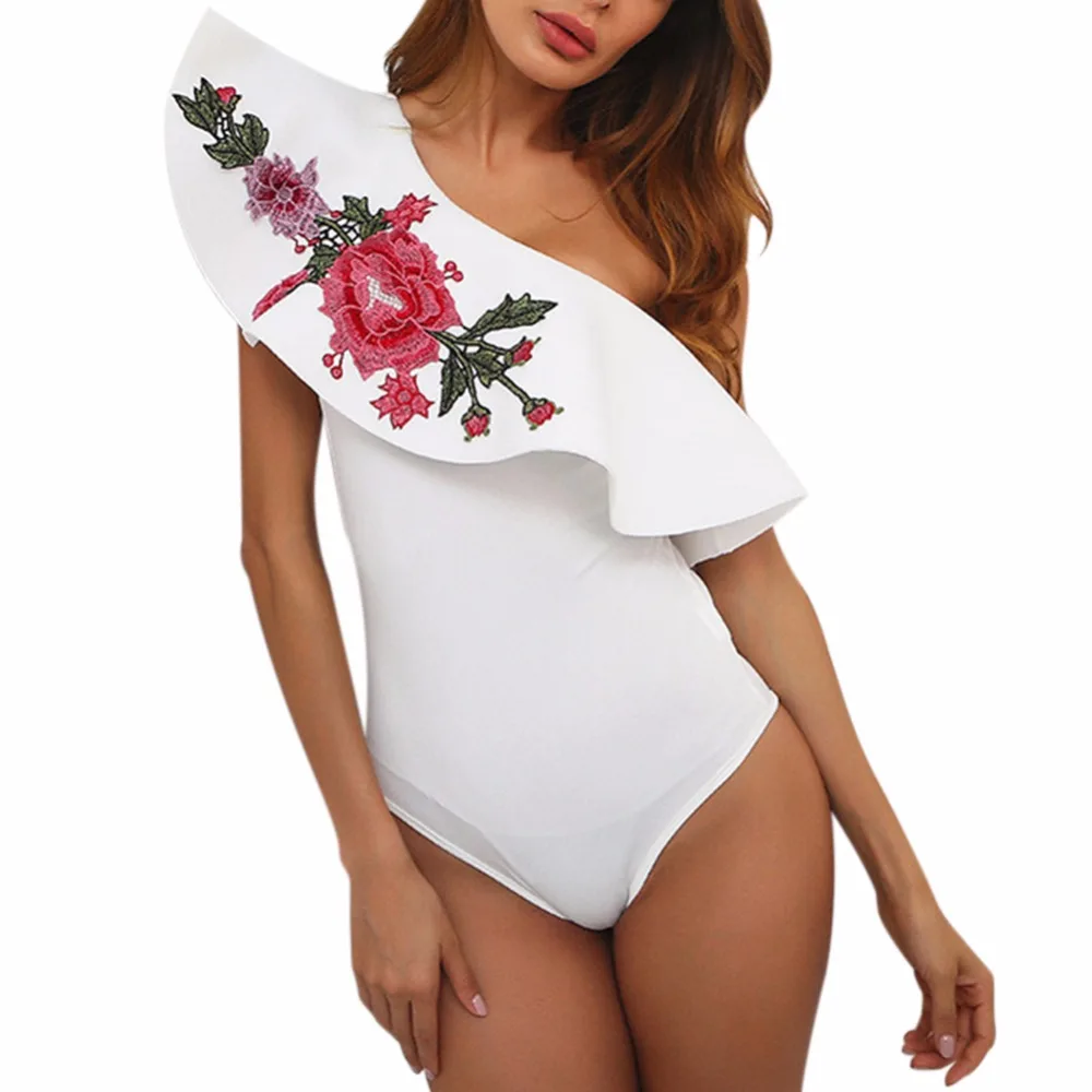 2 colors embroidery one piece swimsuit one shoulder ruffle one piece