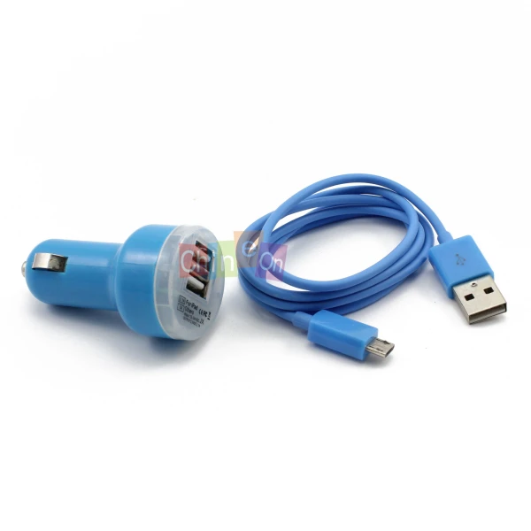 Light Blue 1PC Dual USB Car Charger + 1PC Micro USB Sync Charger Cable
