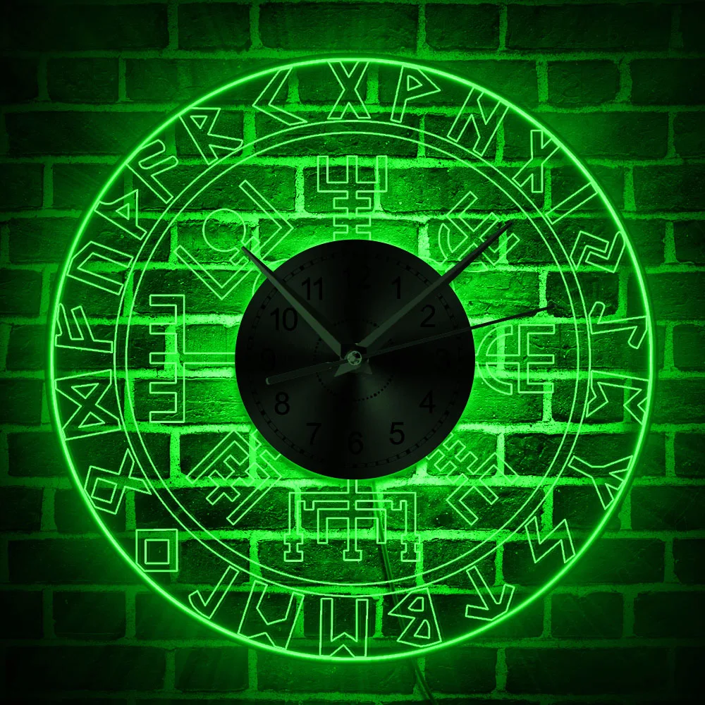 Günstige Viking Runes LED Wanduhren Vintage Kunst Wand Uhren Mann Cave Transparent Acryl Luminous Wanduhr Decor Für Pub