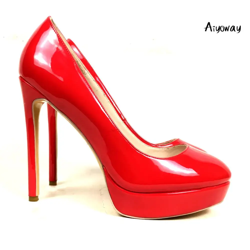 

Aiyoway 2019 New Women Round Toe High Heels Pumps Platform Autumn Spring Clubwear Party Bright Patent leather Shoes Slip On Red