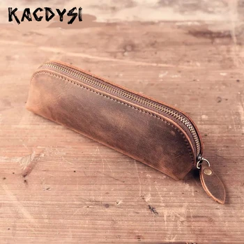 

KACDYSI Zipper Pencil Case Original Handmade Cowhide Leather Vintage Cosmetic Pouch Brush Pen Bag Stationery Organizer Wallet