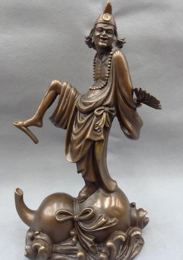 

song voge gem S5510 11" Chinese Pure Bronze FengShui Fo JiGong Chai Gong Fan Arhat Statue Flly Gourd