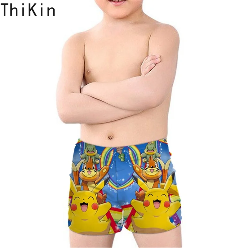 

THIKIN Amine Cute Cartoon Pokemon Pikachu Print Kids Boys' Swimming Trunks Summer Beachwear Children Swimsuits Elastic 2019