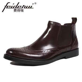 

British Style Genuine Leather Men's High-Top Chelsea Ankle Boots Round Toe Carved Handmade Cowboy Shoes For Man HQS176