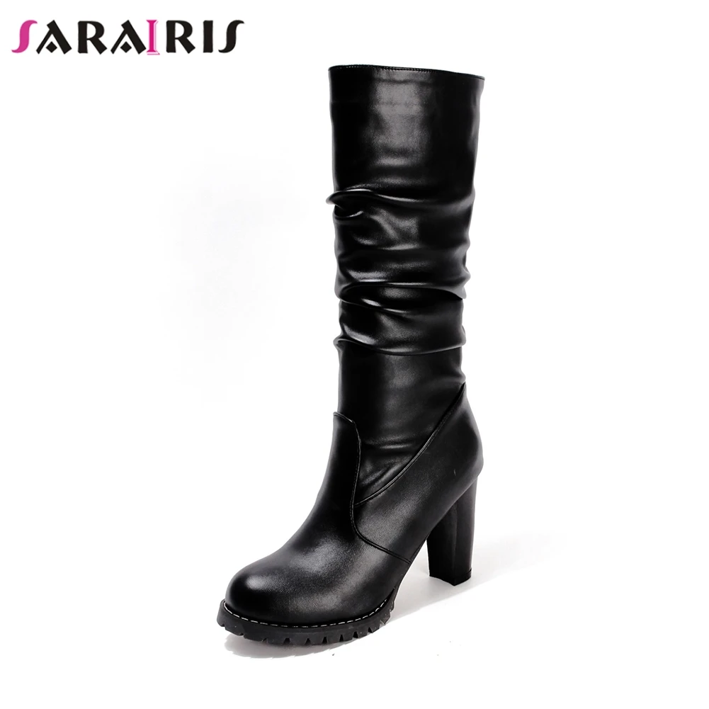 

SARAIRIS New Ladies Pleated Black mid-calf Boots Women Large Size 33-43 Warm Add Fur Boots non-slip High Heels Shoes Woman