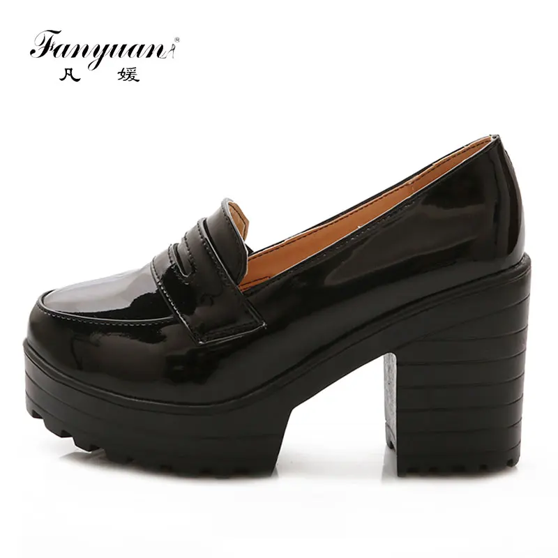 

Fanyuan 2018 Platform Shoes Women Retro Round Toe Ladies High Heels Shoes Concise Square Heel Party Dress Pumps Stiletto Black