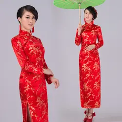 Новый красный осень-весна с длинным рукавом Cheongsam Для женщин шелковый атлас Qipao Китайский торжественное платье Новинка Платье Размеры