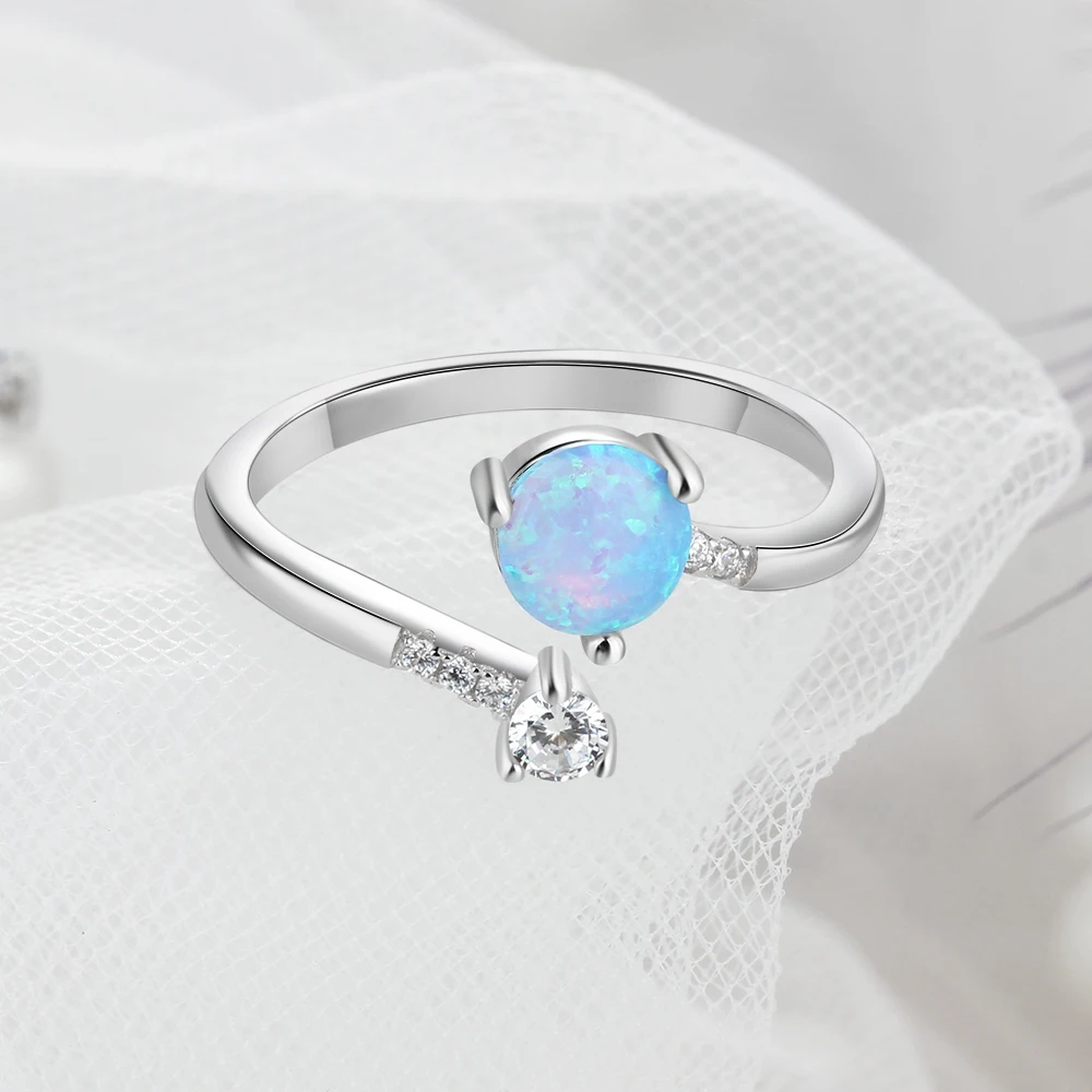 925 Sterling Silver Created Round Blue Opal Rings For Women Borkut